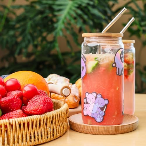 ASKIZ 16Pcs Glass Cups With Bamboo Lids and Straws,16Oz Ice Coffee