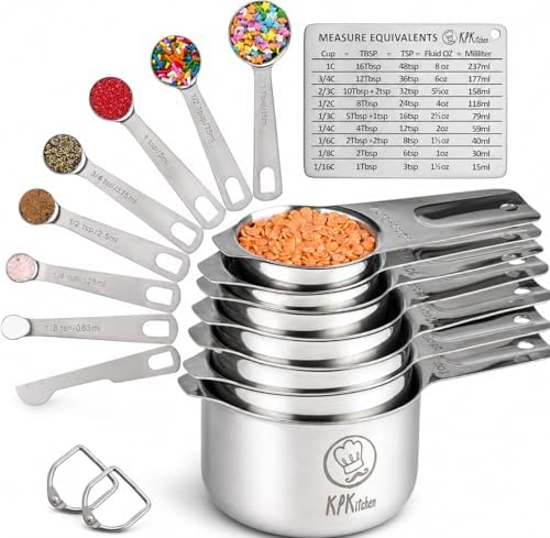 Measuring Cups and Spoons Set, 16-Piece Stainless Steel, Leveler & Chart
