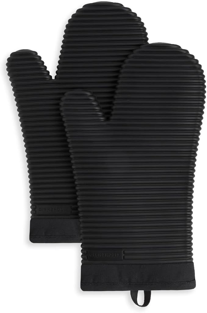 KITCHENAID Ribbed Soft Silicone Oven Mitt 2-Pack Set, Matte Black by KitchenAid