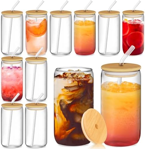 12Pcs Glass Cups with Bamboo Lids and Straws, 16oz Can Shaped Glass