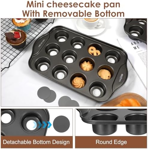 2 Pack Mini Muffin Pan with Removable Bottom 12 Cavity Nonstick Carbon