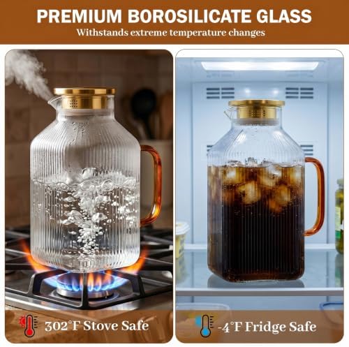 1 Gallon Square Glass Pitcher with Lid, Vertical Striped Square