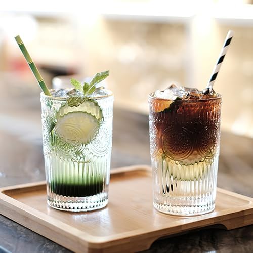 Kingrol Embossed Vintage Drinking Glasses Set of 6, 12 oz Textured