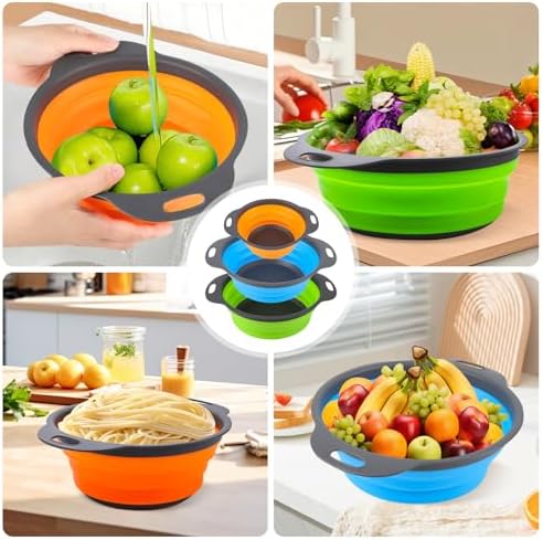 Tri-Color Silicone Collapsible Colander Set (3Pcs 2/4/6 QT) - Space