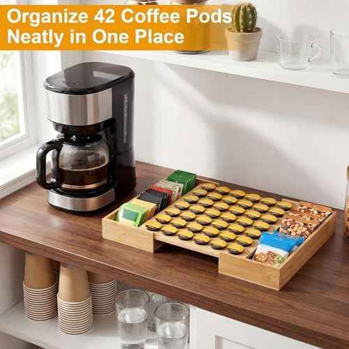 SiliFine Expandable Cup Drawer Organizer, Bamboo Coffee Pod Drawer Storage