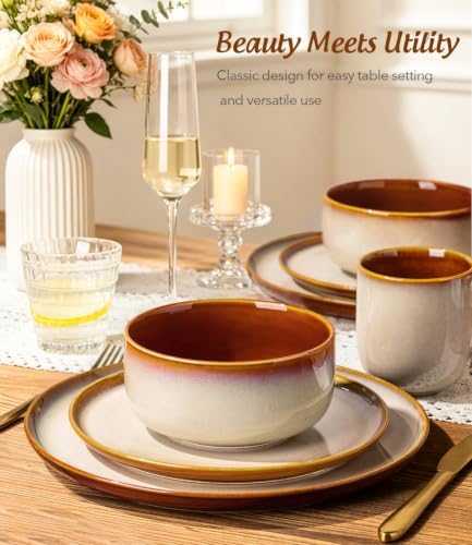 LeRatio Ceramic Dinnerware Sets for 4,12Pcs Porcelain Plates and Bowls