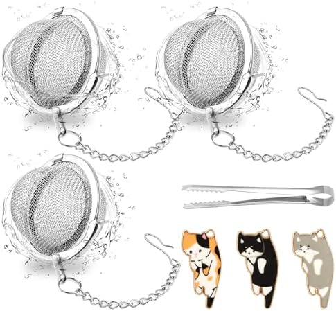 3Pcs Stainless Steel Tea Balls for Brewing, Plus 3 Cute Cat Pendants &