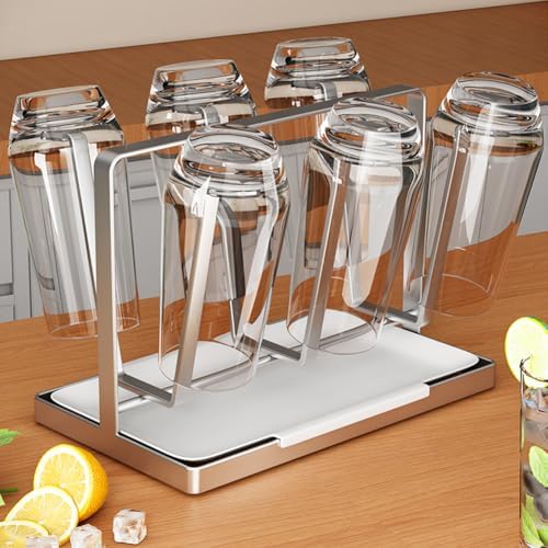 Cup Drying Rack with 6 Hooks, Stainless Steel Cup Holder, Vertical