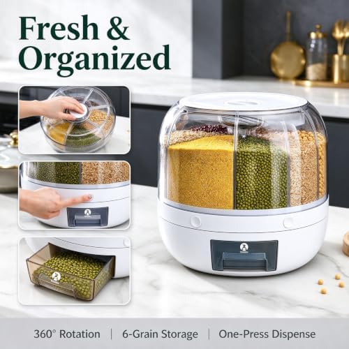 Rotating Grain Storage Bin 6 Grids Rice Container One-Click Output
