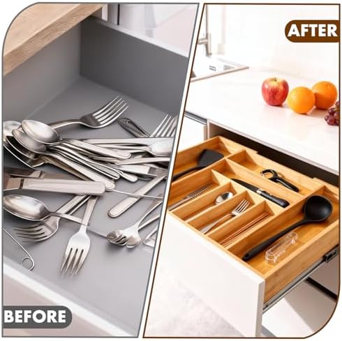 Bamboo Drawer Organizer, Expandable Flatware Cutlery Tray, 9 Slots