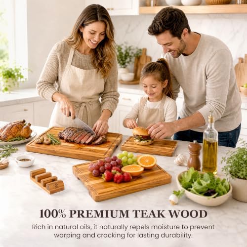 3-Piece Teak Cutting Board Set with Stand, Chopping Board, Juice