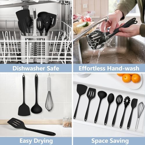 TeamFar 8-Piece Silicone Cooking Utensils Set, Black