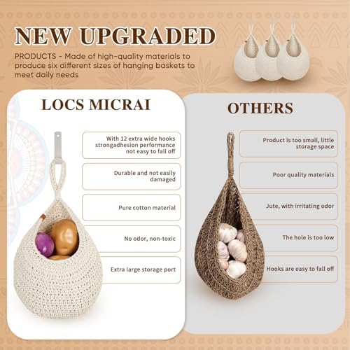 Hanging Fruit Baskets for Kitchen - 6 Pack Boho Wall Hanging