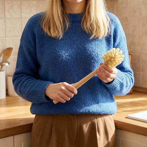 6-Pack Natural Wood Dish Brush Set with Long Beechwood Handle & Sisal