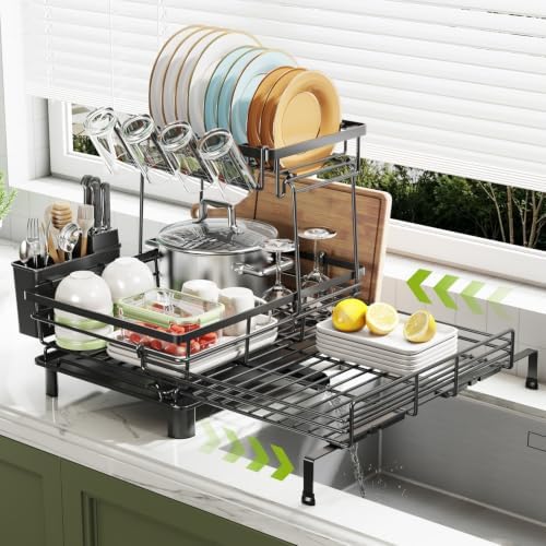 2-Tier Expandable Dish Drying Rack, Black