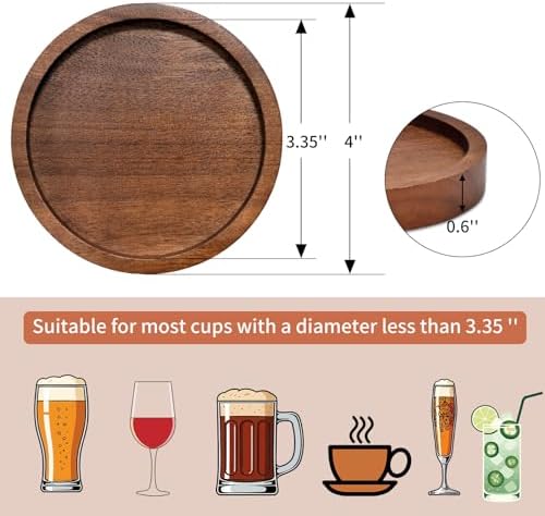 Wood Drink Coasters with Holder, Set of 4, Natural Absorbent Wooden