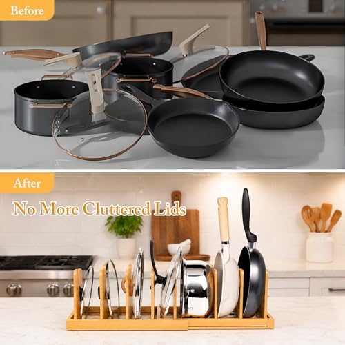 MinBoo Bamboo Expandable Pot Lid Organizer, Pot and Pan Organizer