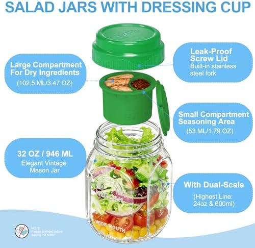 Syntic 32 Oz Glass Salad Jar with Silicone Dressing Cup & Foldable