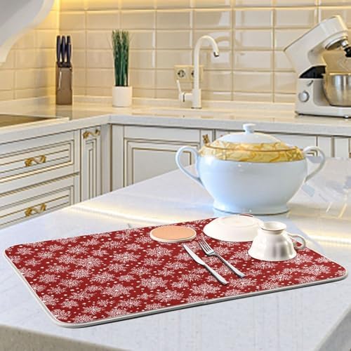 OTVEE Snowflakes’ Red Canvas Dish Drying Mat for Kitchen Counter