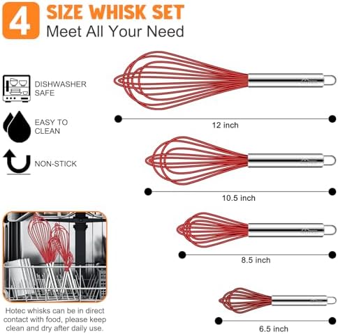 HOTEC 4 Pieces Silicone Whisks Set, Wire Balloon Whisks for cooking