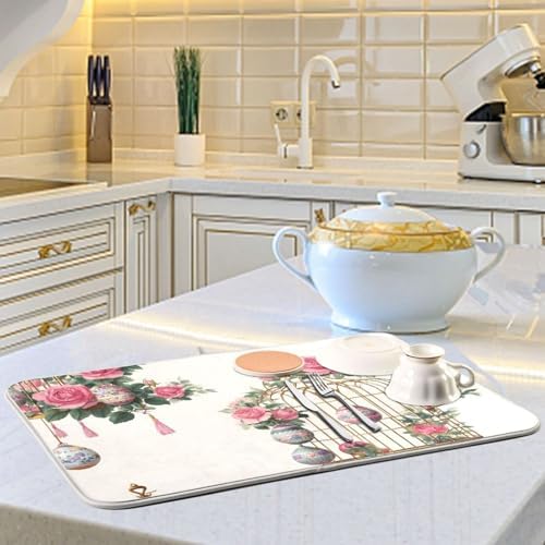 OTVEE Vintage Birdcage Art Dish Drying Mat for Kitchen Counter