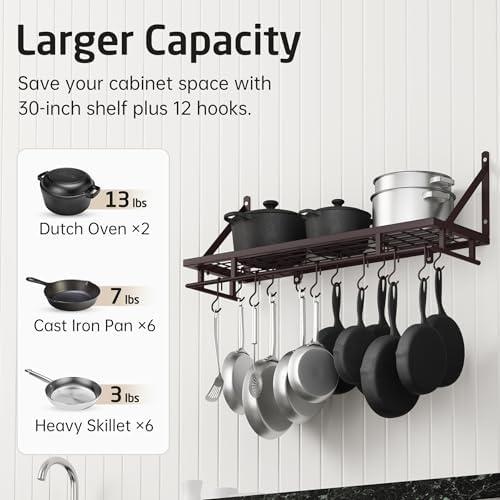 KES 30-Inch Wall Pot Rack, Oil Bronze, 88lb Capacity, 12 Hooks, Farmhouse