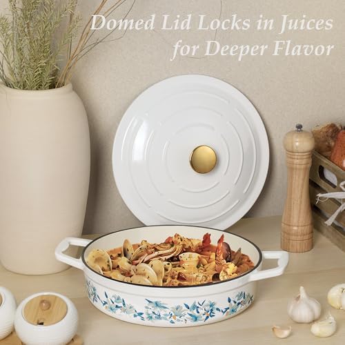 CAROTE 3.5QT Enameled Cast Iron Braiser Pan, Shallow Floral Dutch Oven