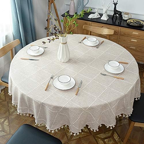 Dimatic Heavy Weight Cotton Linen Tablecloth, Plaid Tassel Round Table
