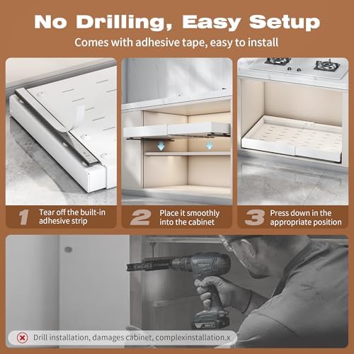 1 Pack Pull Out Cabinet Organizer Expandable,16.53" Deep | Pull Out Drawers for Cabinets with Adjustable width from 12.6" to 21" Sliding Drawers for Cabinets with Heightening Pad No Drill for Kitchen