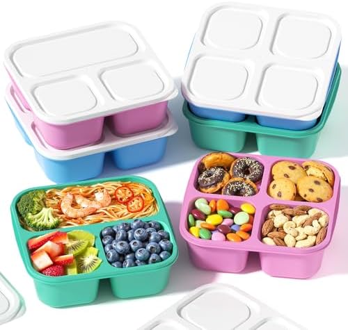 Canfanni 6 Pcs Snack Box Container Set, Reusable 3&4 Compartment Meal