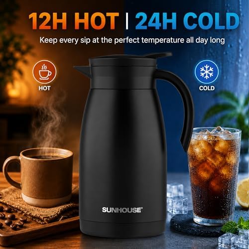 SUNHOUSE 34 Oz Thermal Coffee Carafe Insulated Stainless Steel Thermos