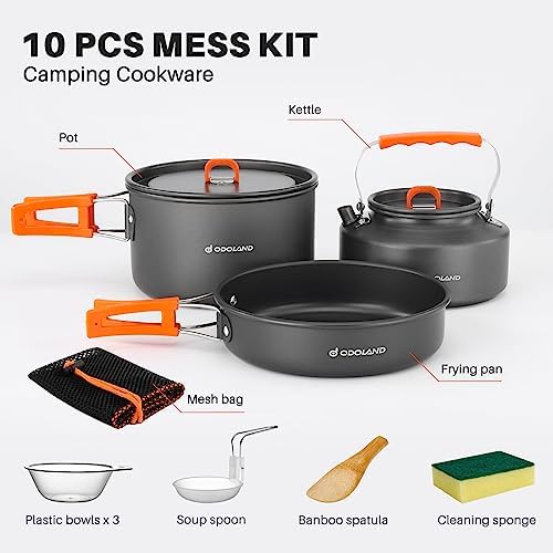 Odoland 10pcs Camping Cookware Camping Pots and Pans Set with Kettle