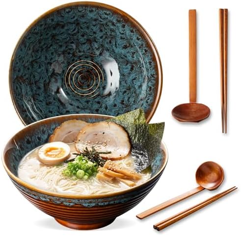 8 Inch Ceramic Ramen Bowl Set of 2, 40oz Japanese Bowls with Spoons &