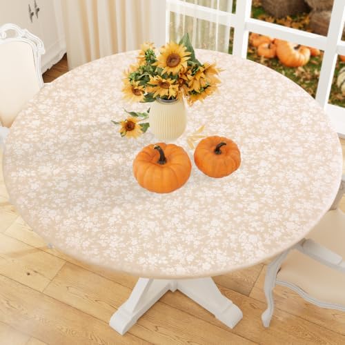 misaya Round Vinyl Fitted Tablecloth with Elastic Edge, Beige
