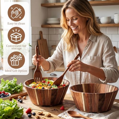 Hushee 4 pcs Gaint 12Inch Wooden Salad Bowl Set Large Round Wood Bowls