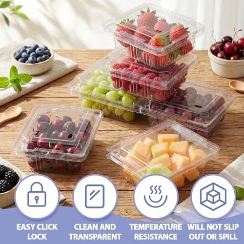 Threehoney 100 Clear Plastic Berry Containers Vented, 5.3×4.7×2.4 Inch