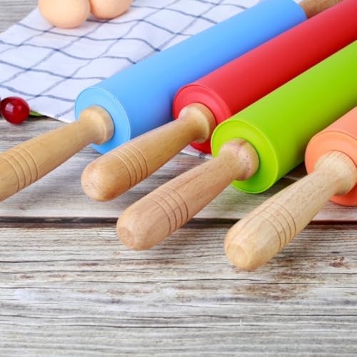10 Inch Silicone Dough Rolling Pin Non Stick with Wood Handle for