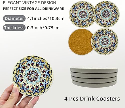 Mandala 4 Inches Round Absorbent Ceramic Coasters Set of 4, Boho