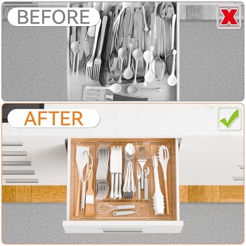 Yieach Clear Expandable Silverware Drawer Organizer,9.4-15.6In Adjustable Silverware Tray for Drawer,Acrylic Kitchen Utensil Drawer Organizer for Cutlery,Flatware Organizers and Fork and Spoon Holder