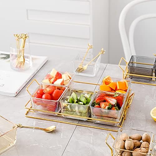 6 Clear Glass Serving Bowls Set with Gold Metal Rack Tray, Removable