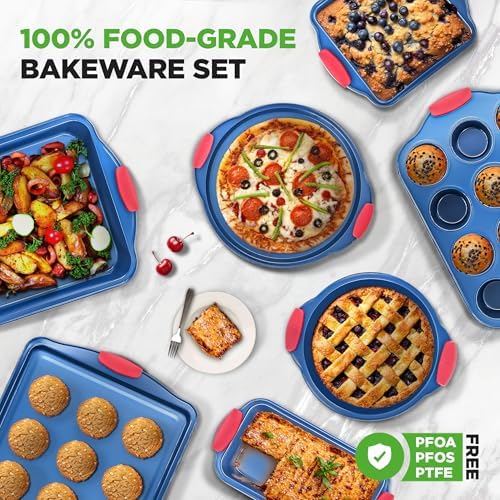 NutriChef 10-Piece Nonstick Bakeware Set - Premium Carbon Steel Baking Pans w/Silicone Handles - Includes Pizza Tray with Holes, 12 & 24 Cup Muffin Pans, Cookie Sheets, Round, Square & Loaf Pan - Blue