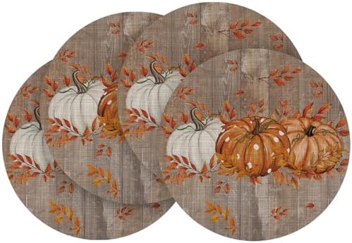 Artoid Mode Maple Leaves Pumpkins Plastic Round Fall Placemats Set of