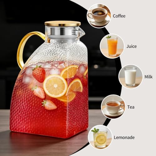 1 Gallon Large Hammered Square Glass Pitcher, with Lid Spout & Handle