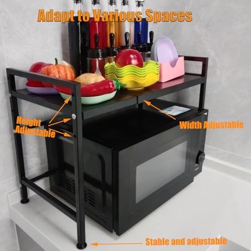 Extendable Microwave Oven Stand, 2-Tier Organizer with 6 Hooks