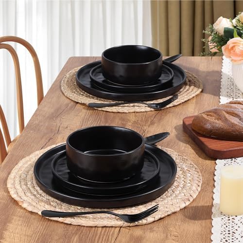 LIANYU 12 Pieces Stoneware Dinnerware Set for 4, Obsidian Matte Black