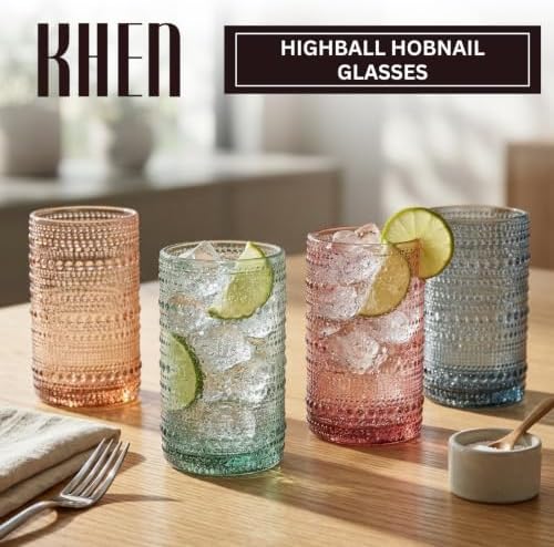 Khen Hobnail Beaded Highball Drinking Tumbler Glasses | Set of 4