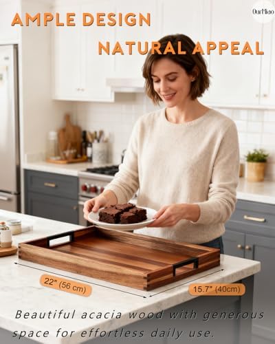 22-in Acacia Wooden Serving Tray with Black Metal Handles