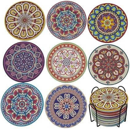 Mandala 4 Inches Round Absorbent Ceramic Coasters Set of 8, Cork Base