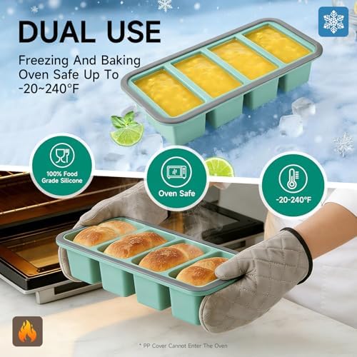 Tvmania 2-Pack Silicone Freezer Trays with Lids, 1 Cup, 4-Compartment