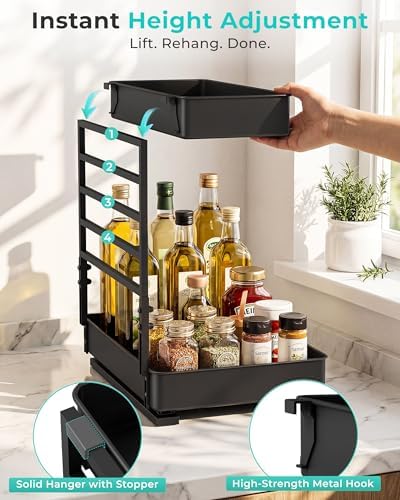 EVERIE Height Adjustable 2 Tier Metal Pull Out Slide Shelf Organizer for Under Sink Cabinets in Kitchen, Bathroom, with Snap-on Top Tray, 16" Deep (Black, 2 Sets)